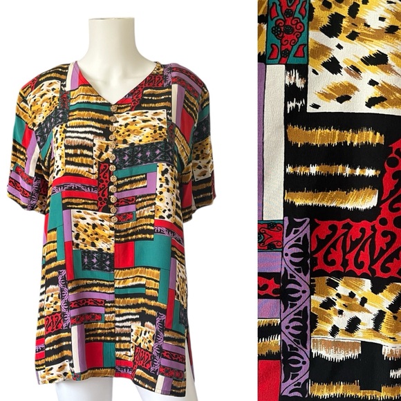 Vintage Tops - Vintage Galliano Italy Silk Blouse Patchwork Print Maximalist Size Medium M